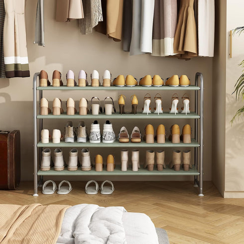 Shoe Rack 4 Tier Long Storage Organizer, Wide Metal Shoe Shelf for Closet Entryway, Grey