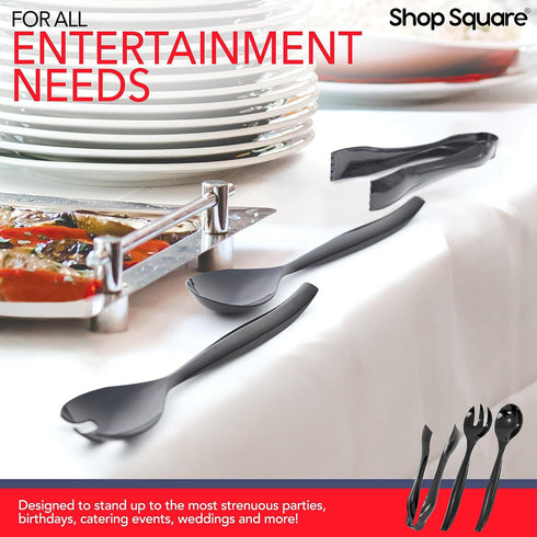 Disposable Plastic Serving Utensils, Set of 18 Black Utensils, 6 Each of 6" Tongs, 10” Spoons, 10” Forks.