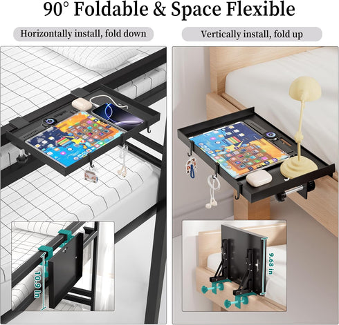 Foldable Bedside Shelf, Metal Clip-On Bed Tray Table for Bunk Bed & Dorm Beds, Dorm Room Essentials Organizer