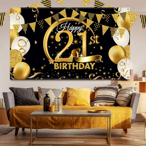 Birthday Party Decoration Extra Large Fabric Black Gold Sign Poster for Anniversary Photo Booth Background, 72.8 x 43.3