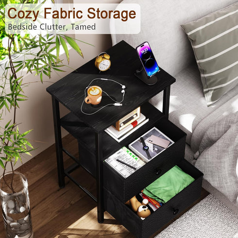 2 HETS002BK-1 LOAKEKEL Night Stand, Nightstand with Fabric Drawers for Bedroom, Small End Table with Open Storage Shelf