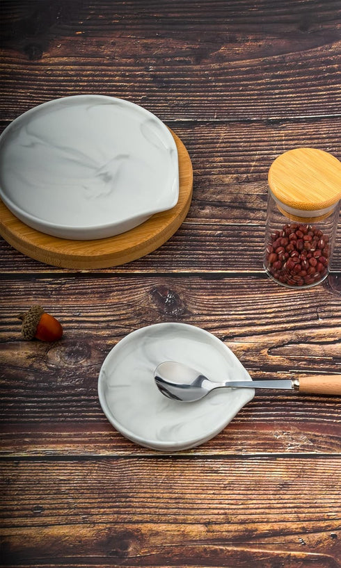 Spoon Rest - Ceramic Spoon Holder for Kitchen Counter, Dishwasher Safe Marble Decor, 3.5 Inches
