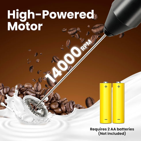 Handheld Milk Frother with Stainless Steel Stand - Battery Operated Whisk Maker for Coffee, Lattes, Cappuccino, Black
