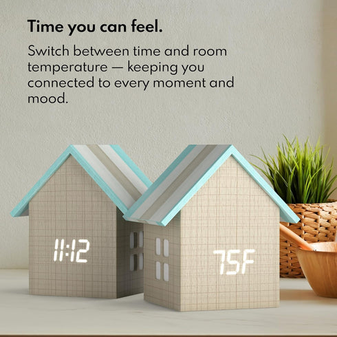 Dimmer Driini Digital House Shaped Alarm Clock with Temperature Display (Stripe Wood) Modern Aesthetic - Cute Cube
