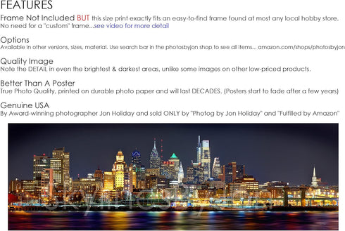 Philadelphia Skyline UNFRAMED Photo Print Night from East, 11.75 inches x 36 inches, PHOTOSBYJON