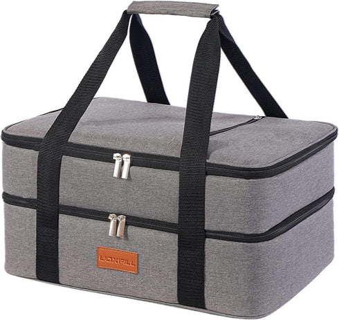 Insulated Lunch Bag, Double Decker Casserole Carrier for Hot or Cold Food, Fits 9"x13" Baking Pan, Gray