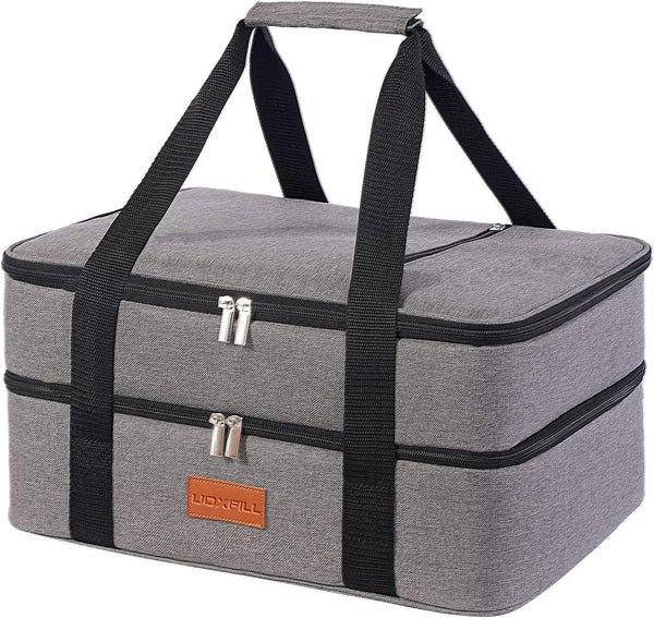Insulated Lunch Bag, Double Decker Casserole Carrier for Hot or Cold Food, Fits 9"x13" Baking Pan, Gray