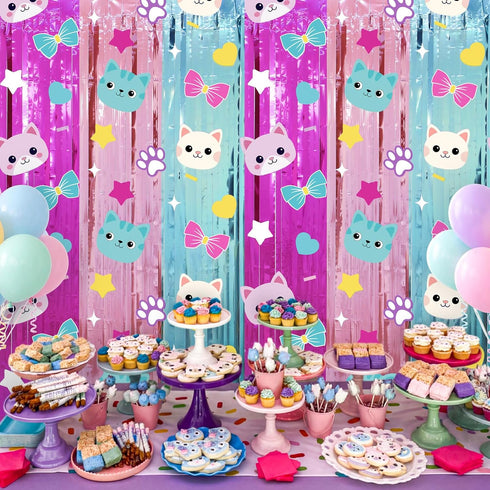 2 Pack 3.3 6.6 Tiamon Cat Dollhouse Party Decorations x Ft Foil Fringe Curtains Cute Cat Birthday Backdrop Tinsel