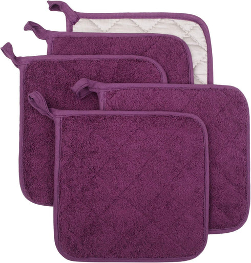 100% Cotton Kitchen Everyday Basic Terry Pot Holder, Heat Resistant Coaster, Set of 5, Grape