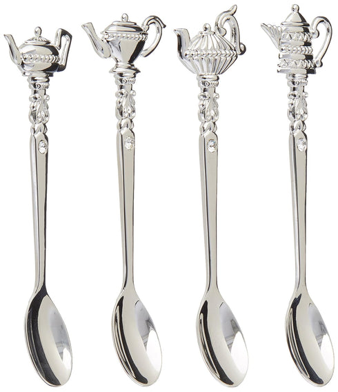 Silver 87625 Pack of 4 Silver Plated Teapot Tea Spoons with Crystal