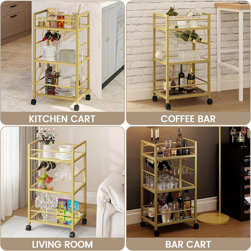 Bar Cart, Serving Cart for Home, Microwave Cart, Drink Cart, Mobile Kitchen Shelf with Wine Rack and Glass Holder
