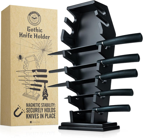 Gothic Kitchen Decor Coffin Knife Holder, 14 Magnets for 7 Knives, Halloween Knife Holder for Goth Kitchen