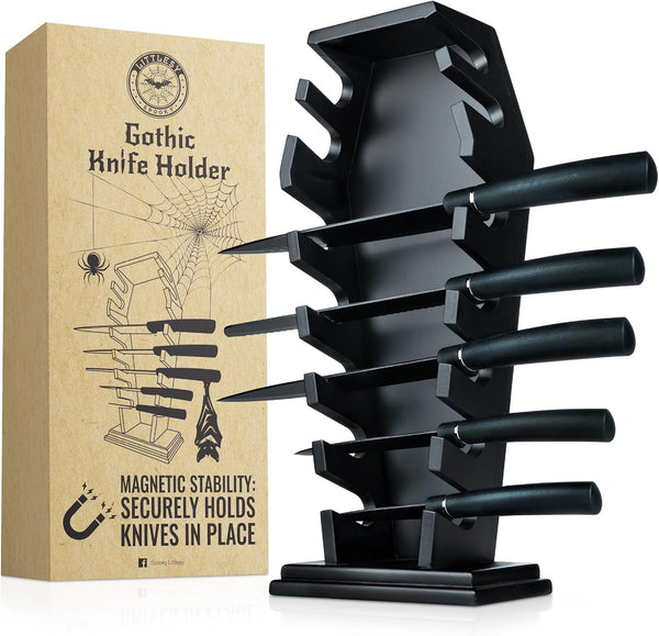 Gothic Kitchen Decor Coffin Knife Holder, 14 Magnets for 7 Knives, Halloween Knife Holder for Goth Kitchen