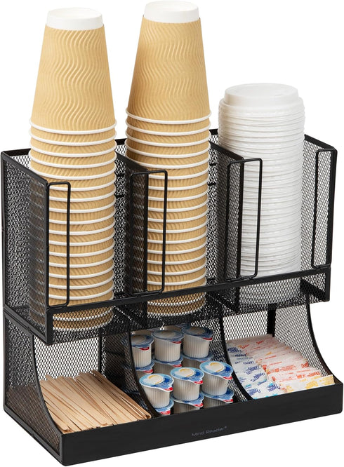 Mind Reader Cup and Condiment Station, Countertop Organizer for Coffee Bar, Metal Mesh, 13"L x 6.45"W x 11.25"H, Black