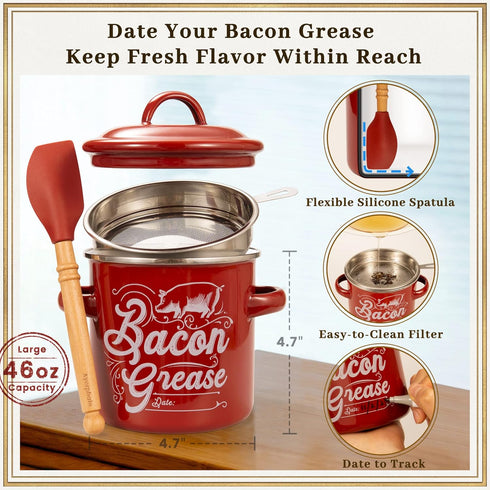 46OZ Ayerphalo Bacon Grease Container with Strainer - Large Capacity, With Silicone Wooden Spatula, Enamel Bacon Grease
