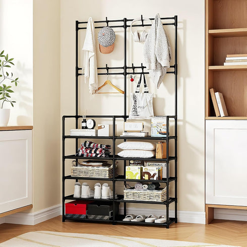 5-Tier 8 UDEAR Coat and Shoe Rack, Entryway Coat Rack with Hooks, Double Row Shoes Organizer for Living Room, Bedroom