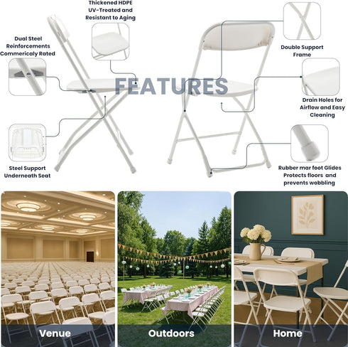 Commercial Set BTEXPERT White Plastic Folding Chair Steel Frame High Capacity Event Chair Lightweight for Office