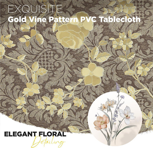 Brass,54" 78") Rectangle Table Cloth Elegant Gold Vine Flower PVC Waterproof Spill-Proof Vinyl Fitted Microfiber