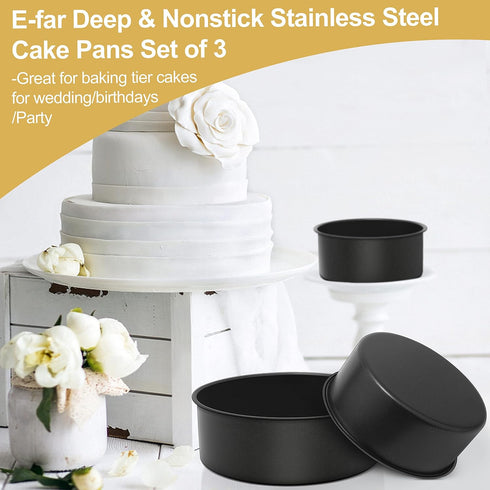 E-far Deep Cake Pan Set | 3 Nonstick Stainless Steel Round Cake Pans for Baking Layer Cakes