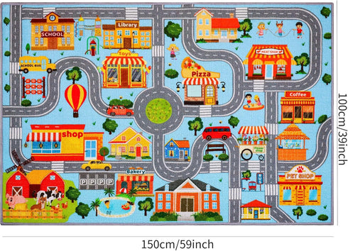 DINSUMRUG (59X39.4 INCH, Car Rug for Kids, Car Play Mat Carpet, Extra Non-Slip Traffic Road Rug for Kids, City Map