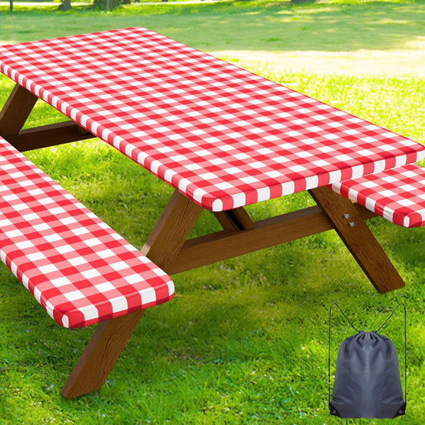 Smiry Picnic Table Cover with Bench Covers, Waterproof Elastic Fitted Tablecloths for