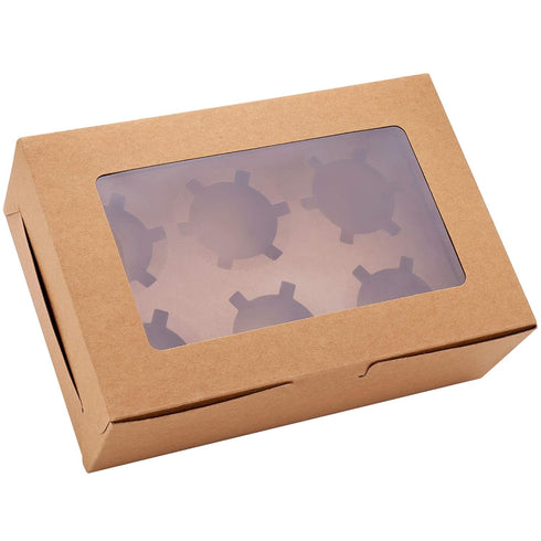 30-Set Cupcake Boxes with Inserts and Window, Brown Food Grade Kraft Holder for 6 Cupcakes, 9.4'' x 6.3'' x 3'', for