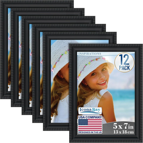 Icona Bay 5x7 Picture Frames, Black, 12 Pack, Beautifully Detailed Molding, Contemporary Set for Wall Mount or Table Top