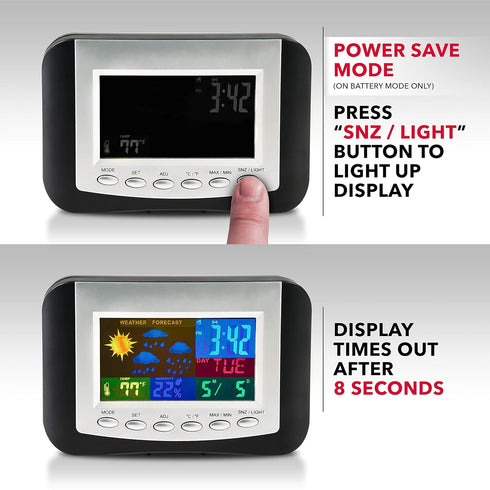 RCA Weather Station Alarm Clock, Full-Color Display with Time, Date, Temperature, Humidity, and Weather Forecast