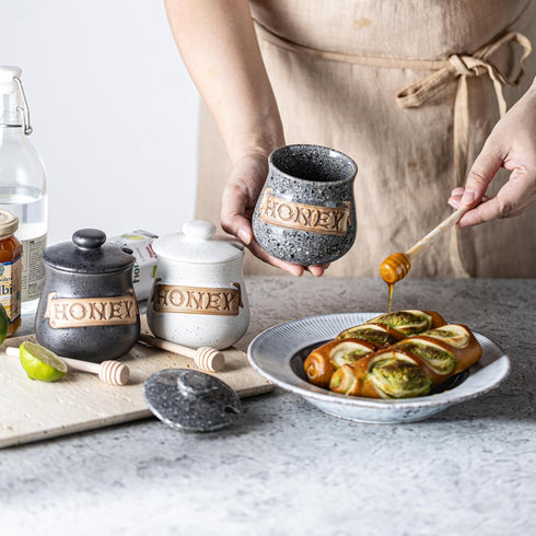 12oz Honey Jar, Honey Pot, Honey Dispenser Grey Ceramic Honey Jar with Wood Dipper & Lid Multi-Use for Fruit Syrup/Jam