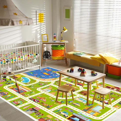 Kids Non-Slip Car Play Rug, Educational Road Traffic Carpet for Bedroom and Boys Playroom, Multi Color Mat