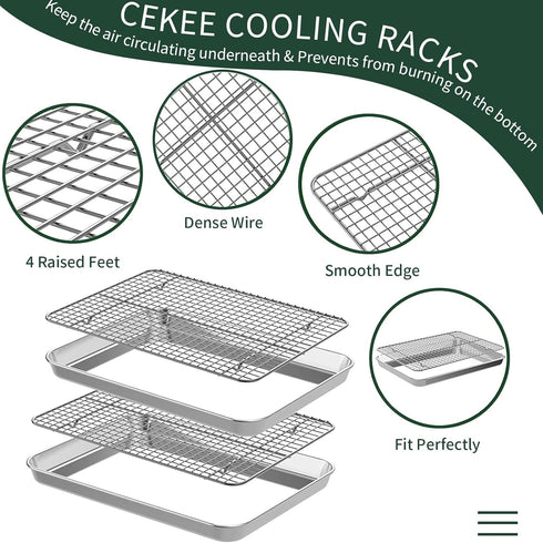 Small Baking Sheet with Rack Set - 2 Small Cookie Sheets + 2 Small Baking Racks, CEKEE Stainless Steel
