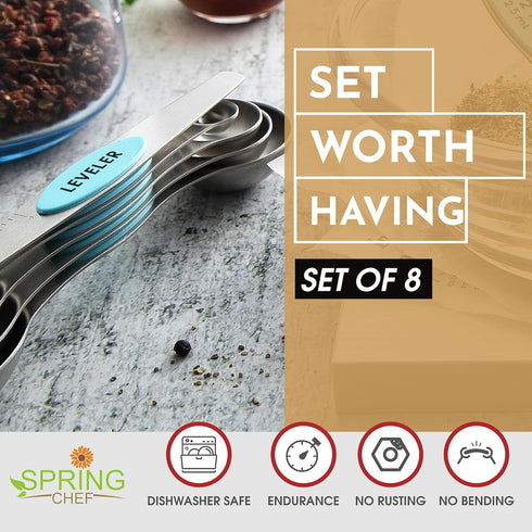 Spring Chef Stainless Steel Magnetic Measuring Spoons Set of 8, Nesting Metal Teaspoon & Tablespoon, Fits in Spice Jars