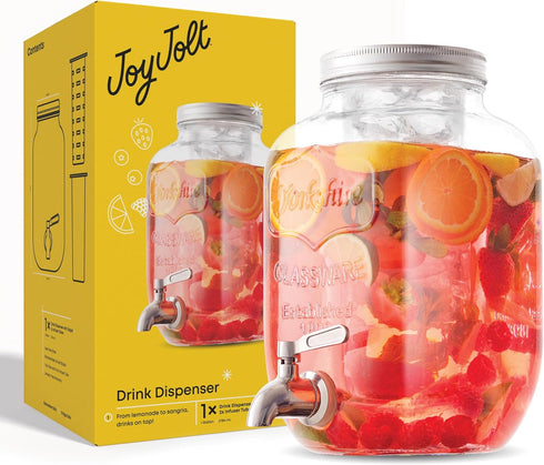 1-Gallon Drink Dispenser. Glass Beverage Dispenser with Stainless steel Spigot plus Ice Cylinder and Fruit Infuser!