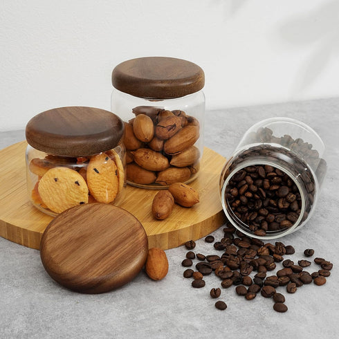 1 PC Small Glass Storage Jar with Airtight Lid, 10 fl oz (300ml) Coffee Container with Wooden Lid