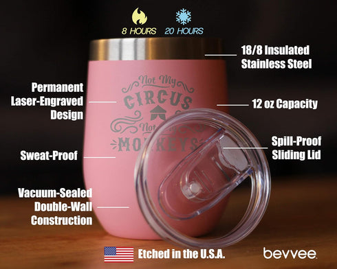 Not My Circus Not My Monkeys Wine Tumbler with Sliding Lid, Stemless Stainless Steel Insulated Cup, Funny Gift