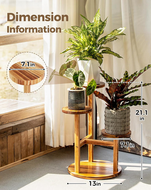 3 Bamworld Tier Plant Stand Indoor, Corner Wood Plant Shelf for Multiple Plants, Small Tiered Round Flower Stand