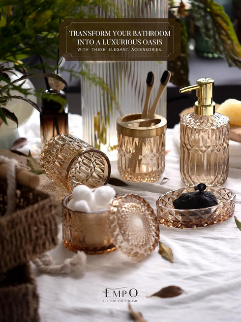 6PCS Set (6pcs EMPO Bathroom Clear Glass Accessories (Lotion Soap Dispenser, Soap Dish, Toothbrush Holder, Tumbler