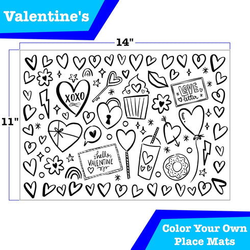 Iconikal Color-Your-Own 2-Sided Reversible Disposable Paper Place Mats, Valentine's, 14 x 10-inches, 22-Count