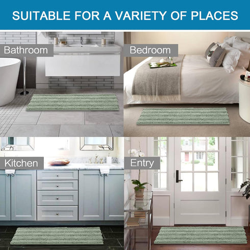 H.VERSAILTEX Non Slip Bath Rugs for Bathroom - Extra Thick Chenille Striped Mats 47" x 17" Sage