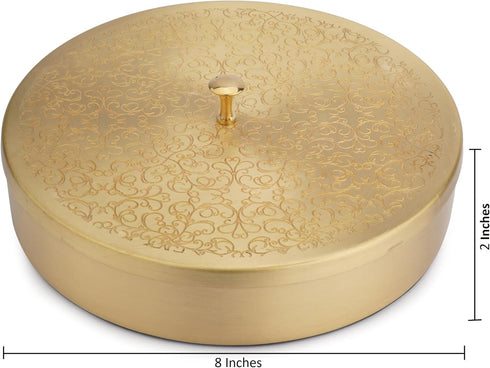 7 1 Ajuny Handcrafted Brass Spice Box Golden with Embossed Lid - Decorative Round Masala Canister Removable Spice