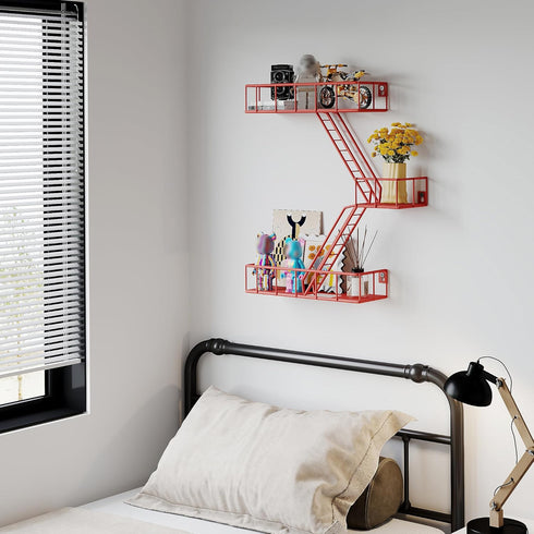 3 Fire Escape Shelf - Tier Metal Red Fire Escape Wall Shelves with Baskets, New York Action Figurine Display Shelf