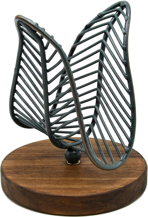 OwlGift Freestanding Modern Napkin Holder, Golden Turquoise Wrought Iron Leaf & Brown Wooden Base Design, Tissue