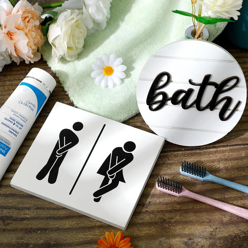 Jetec 2 Pcs 3D Bathroom Signs Decor, Rustic Funny Wooden Unisex Round Restroom Signs for Guest