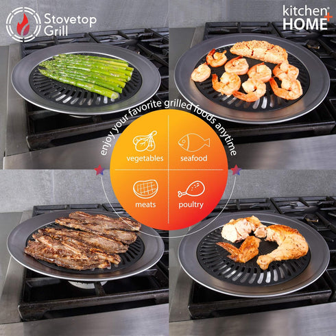 Kitchen + Home Indoor BBQ Stove Top Smokeless Grill, Stainless Steel with Double Coated Non Stick Surface