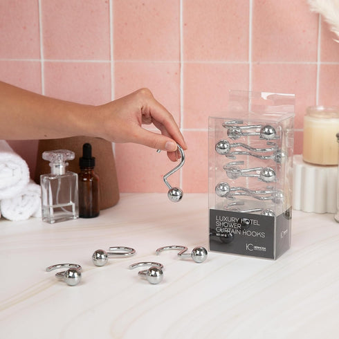 Luxury S Shower Curtain Hooks, 12-Pack, Hotel Quality Silver Chrome Finish, Non-Slip Ball End