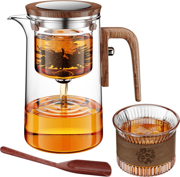 Enchanti Tea Pot, One Touch Glass Teapot with Infuser, Tea Maker for