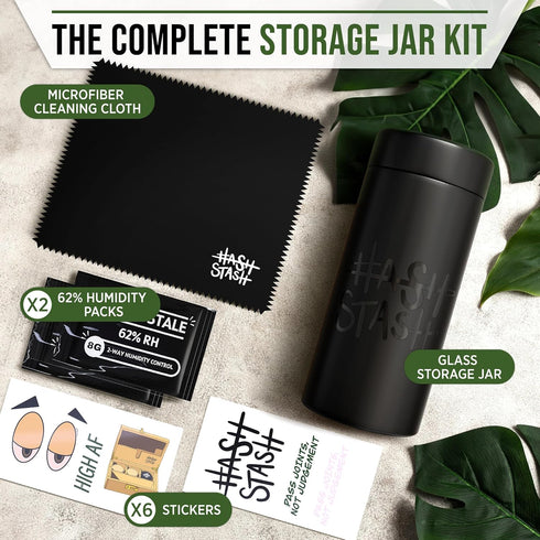 Storage Jar - 1oz Air Tight Sealed Container with 2 Humidity Packs, Microfibre Cloth & Stickers, Matte Finish Jar