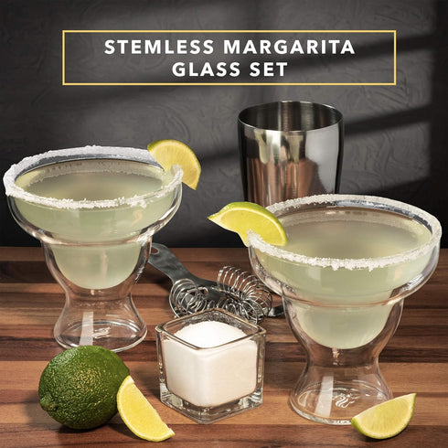 Dragon Glassware Set of 2 Margarita Glasses - 12 oz Clear Double Wall Stemless Insulated Barware for Hot or Cold