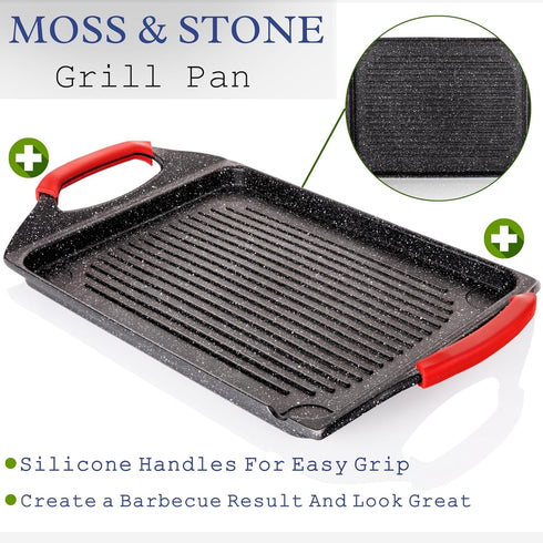 Moss & Stone Griddle Aluminum BBQ, 18x11" Rectangle Grill Pan, Non-stick Flat Top Griddle for Indoor Cooking