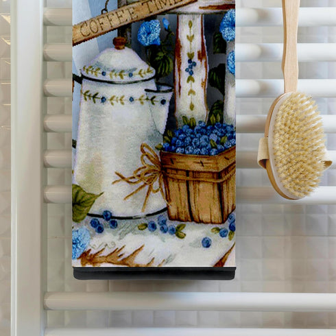 3D Rose Garden Chair with Pretty Blue Flowers and Tea Pot - Basket of Blueberries Towel, 15" x 22", Multicolor
